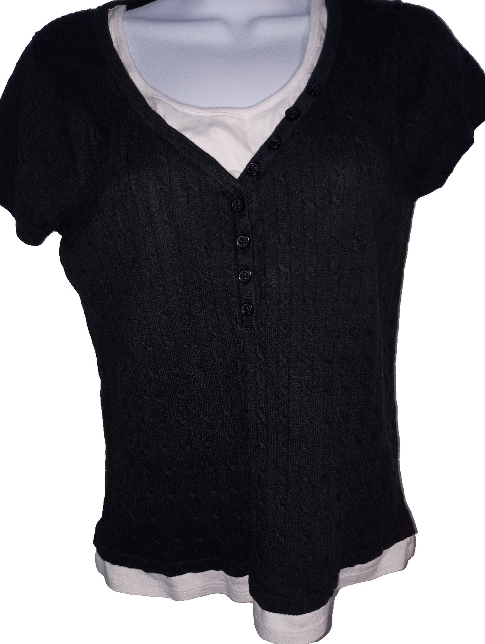 August Silk Navy Blue Cotton Knit Henley Sweater Faux Layered Blouse Top PL